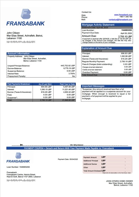 Download Lebanon Fransabank mortgage statement Word and PDF template Photoshop template